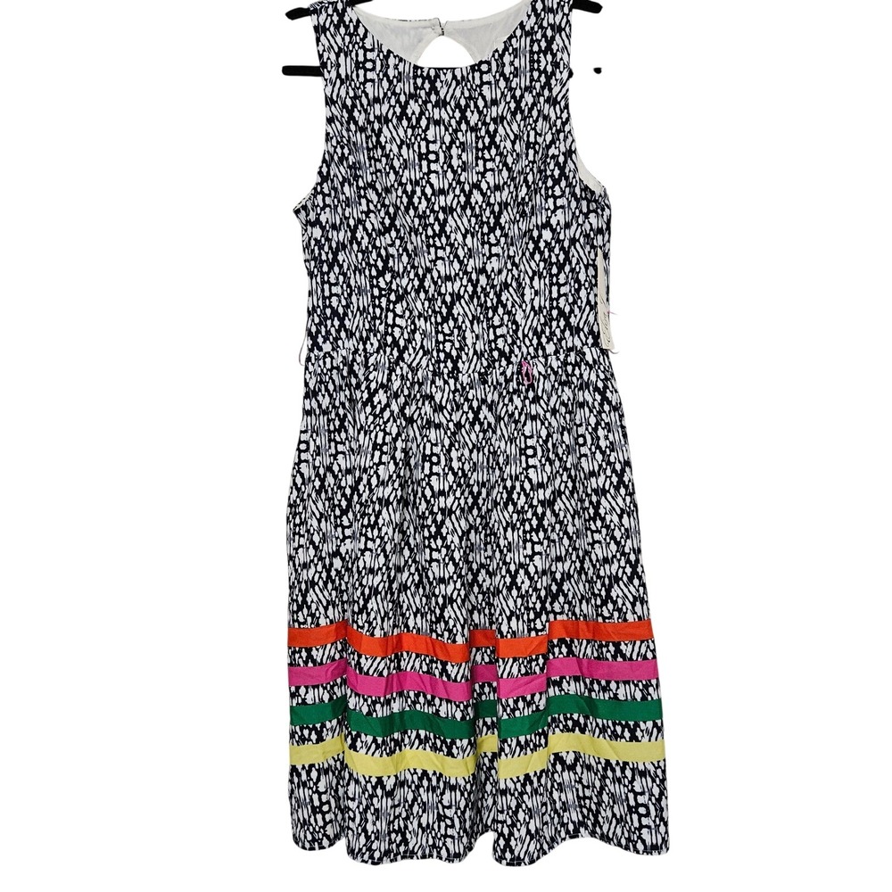Eliza J Black White Abstract Midi Dress Colorful‎ Stripe Hem Size 8 NWT